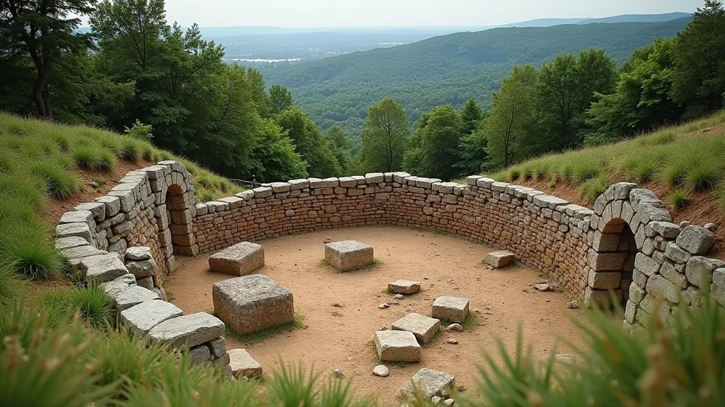Close-up detail of ancient archaeological site with stone foundations visible on hillside