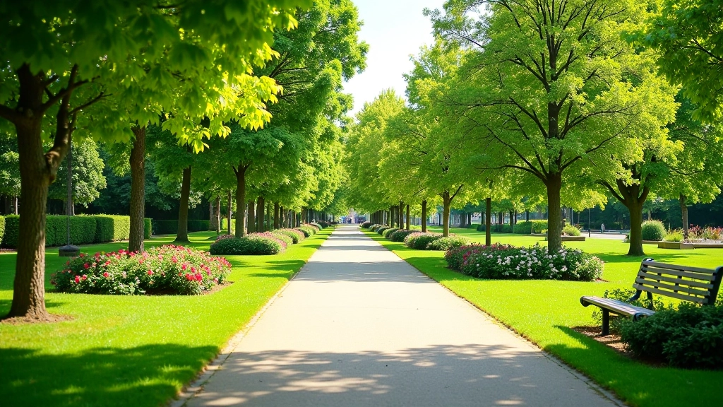 City park setting with green spaces, benches, and urban surroundings
