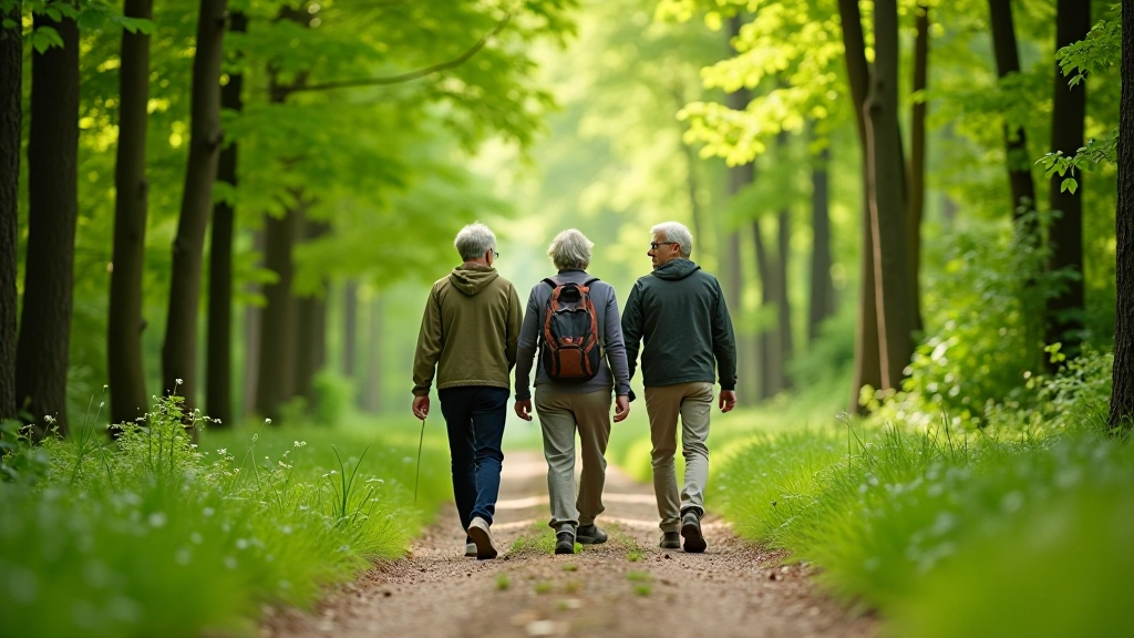Group of active retirees walking on a marked trail through green forest