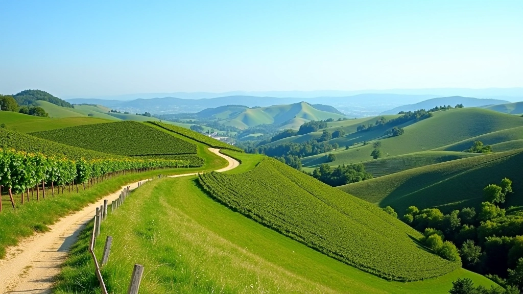Rolling hills with vineyards and marked walking path under clear blue sky