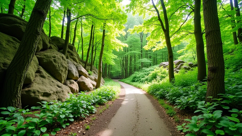 Protected nature reserve with rocky formations, forest canopy, and peaceful woodland setting