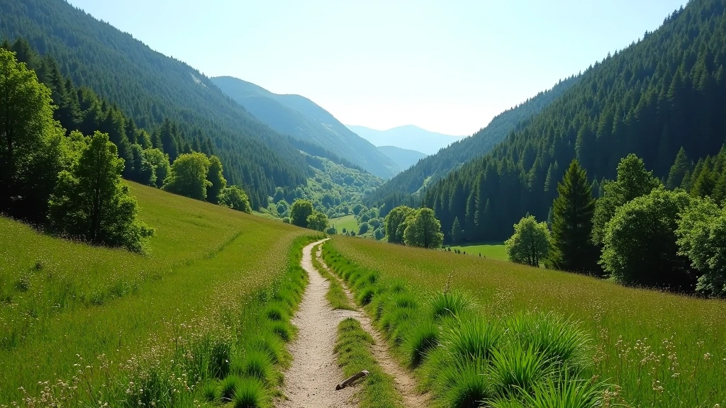 Scenic valley with winding trail path through forested hillside in natural daylight