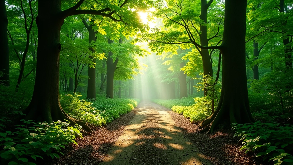 Forest canopy with dappled sunlight filtering through dense green leaves, shaded woodland path with exposed tree roots