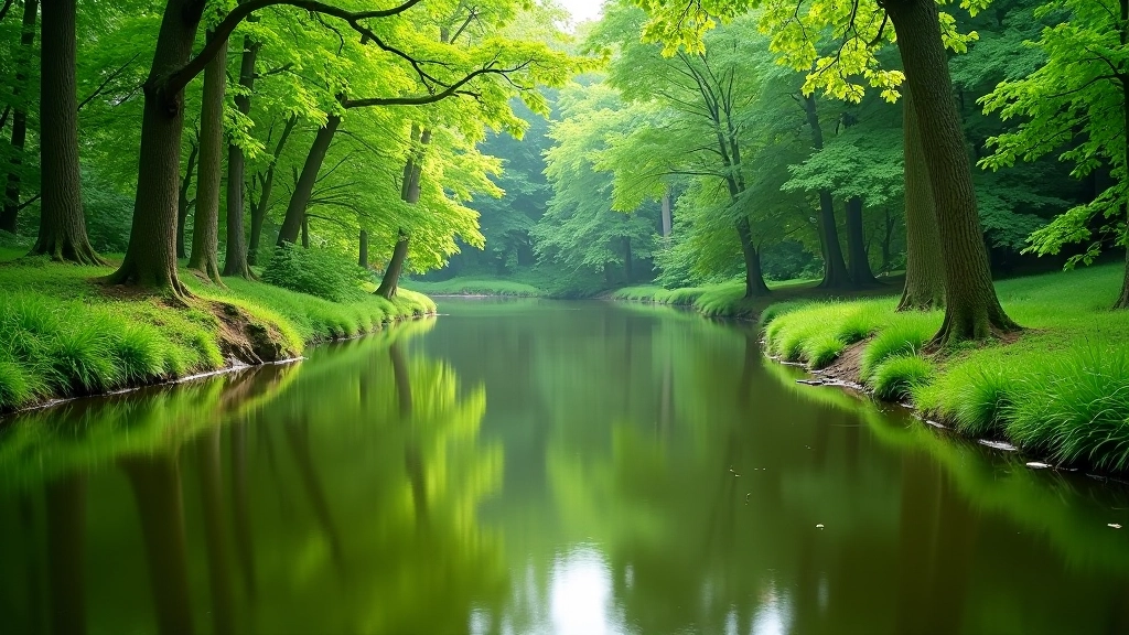 Small pond or water feature surrounded by forest with calm water reflecting trees