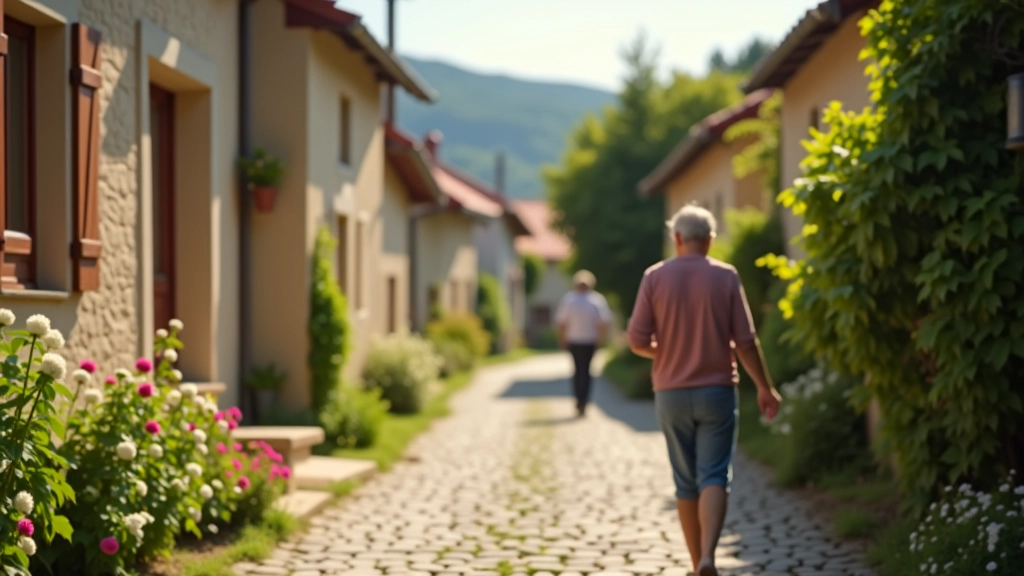 Picturesque village street with traditional buildings and flowering gardens in South Moravian wine region