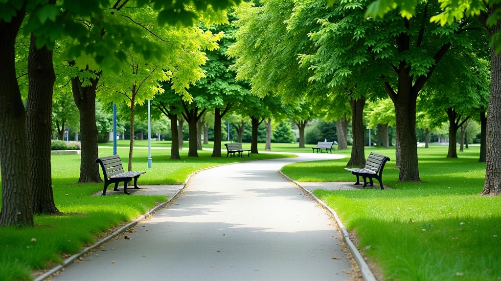 Paved walking path in Olomouc park with benches and shade trees creating a calm urban green space